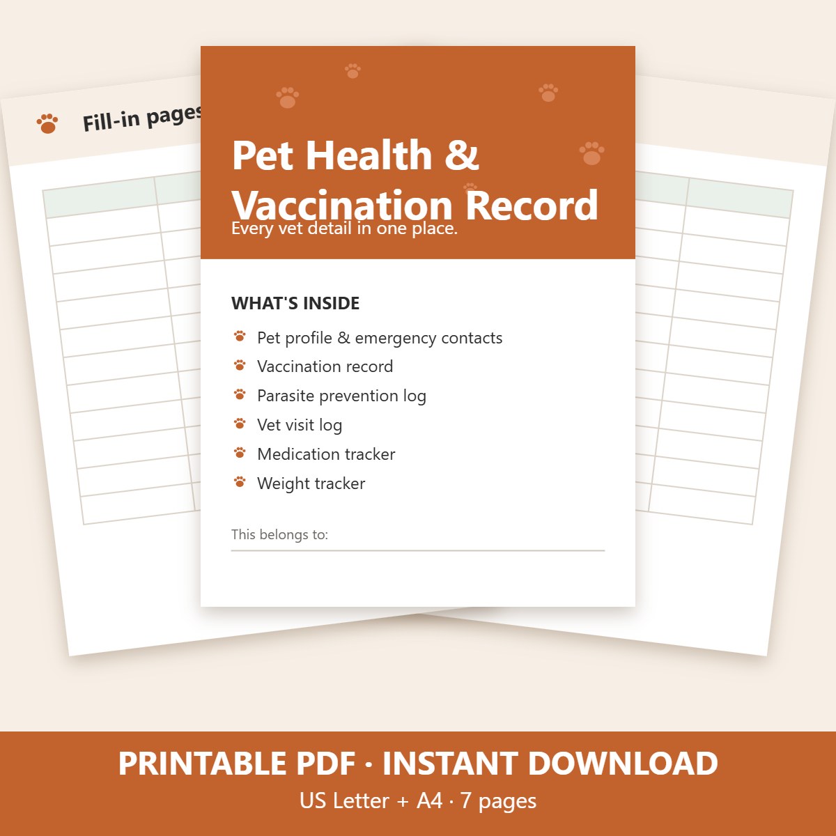 Printable pet health and vaccination record, 7 pages, US Letter and A4
