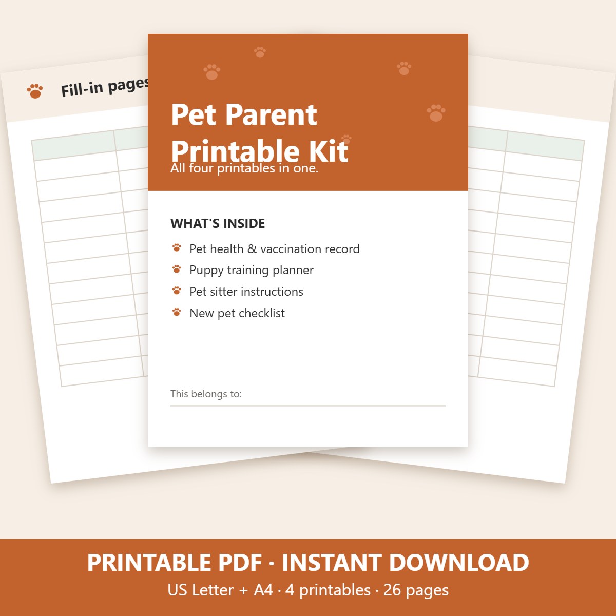 Pet parent printable kit: four printables, 26 pages, US Letter and A4
