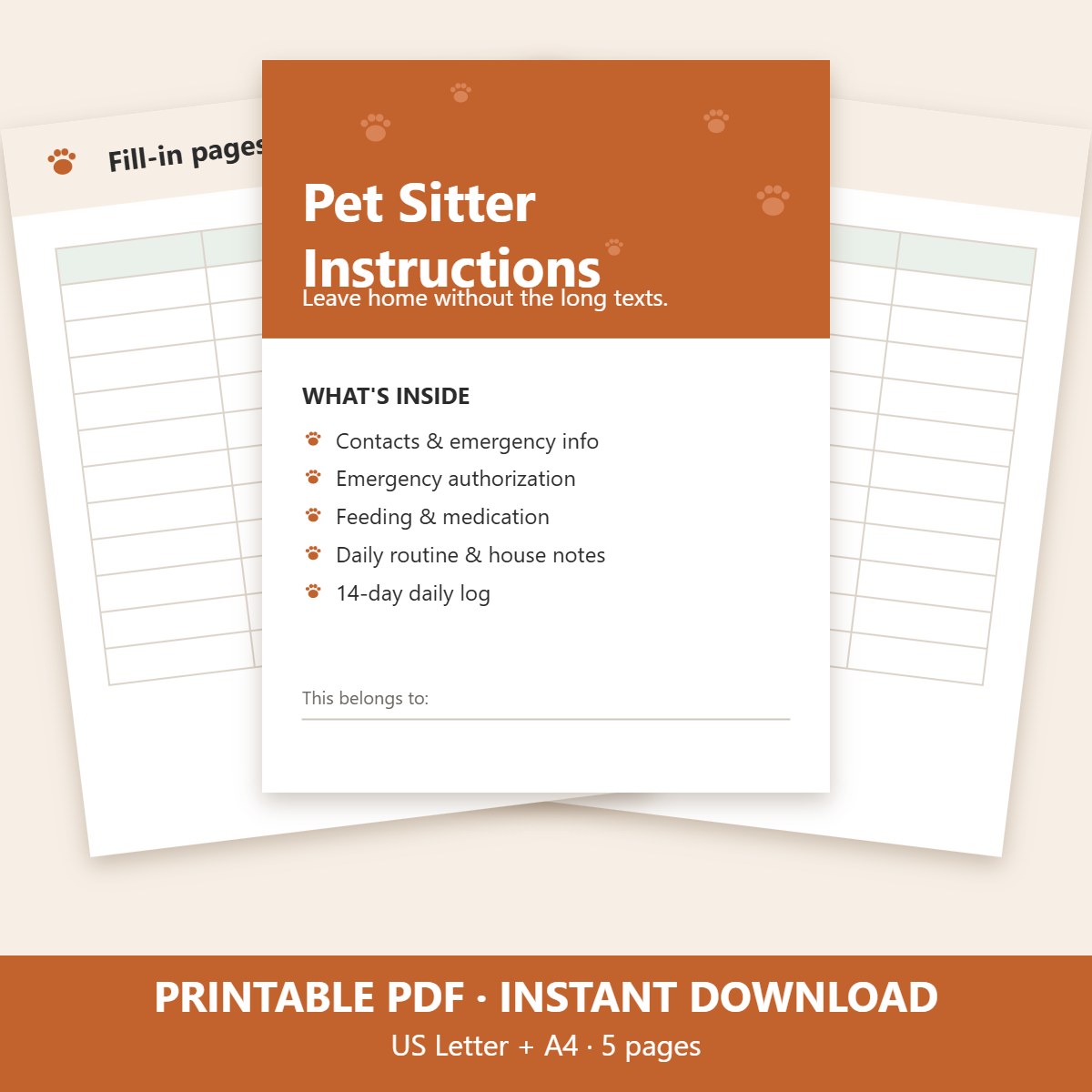 Printable pet sitter instructions, 5 pages, US Letter and A4