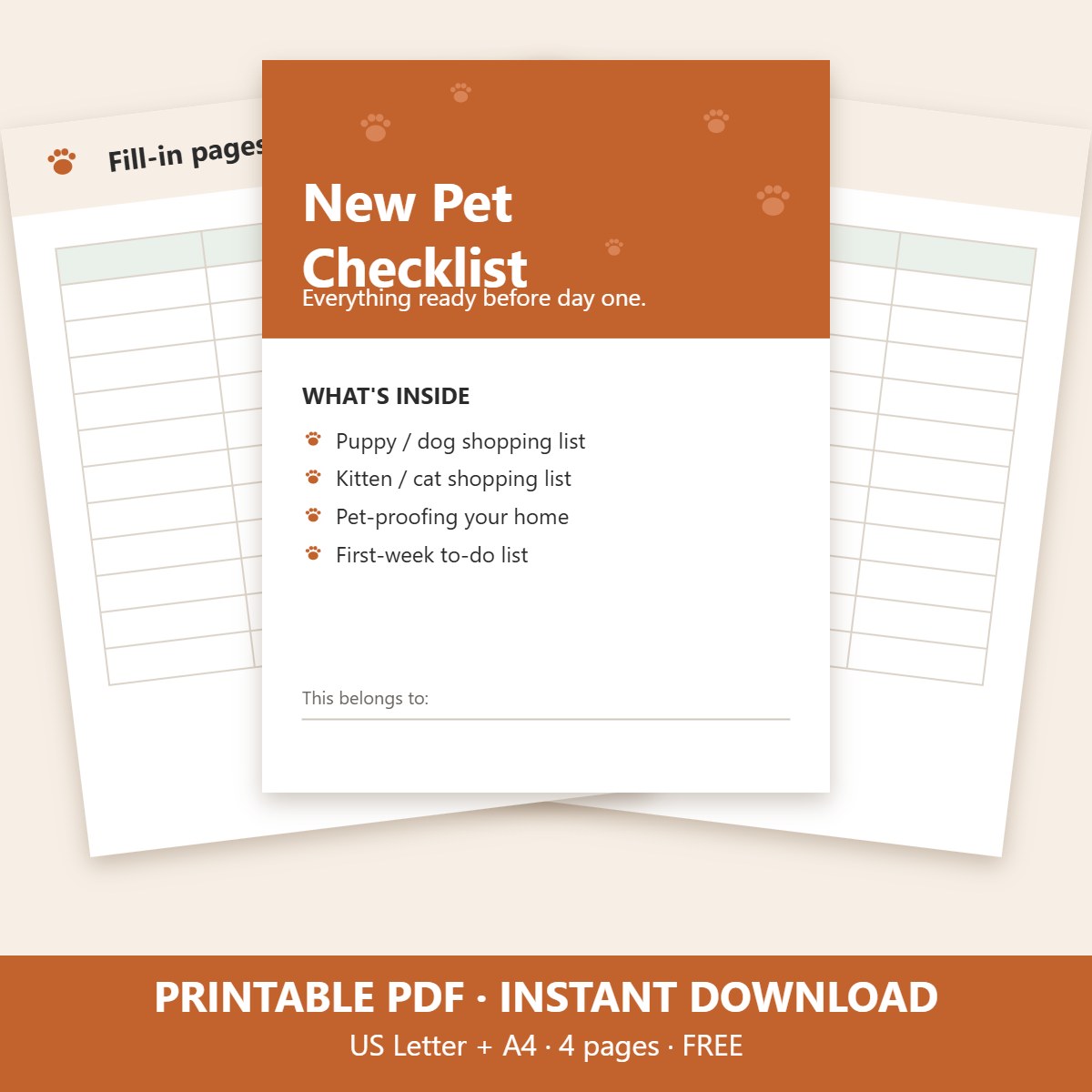 Free printable new pet checklist, 4 pages, US Letter and A4