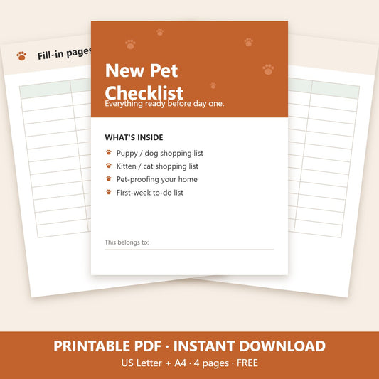 Free printable new pet checklist, 4 pages, US Letter and A4