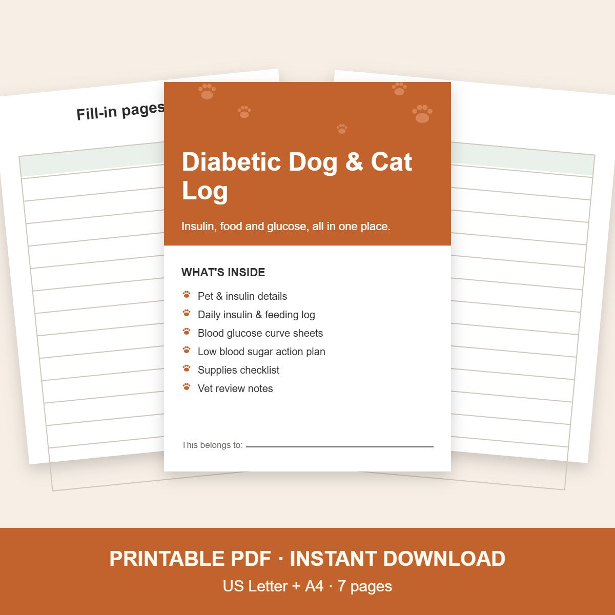 Diabetic dog and cat insulin and glucose log printable, 7 pages, US Letter and A4