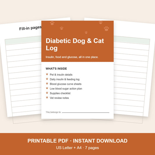 Diabetic dog and cat insulin and glucose log printable, 7 pages, US Letter and A4