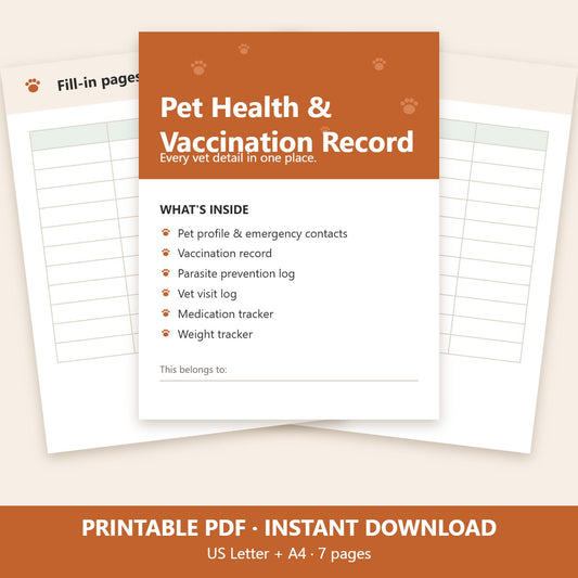 Printable pet health and vaccination record, 7 pages, US Letter and A4