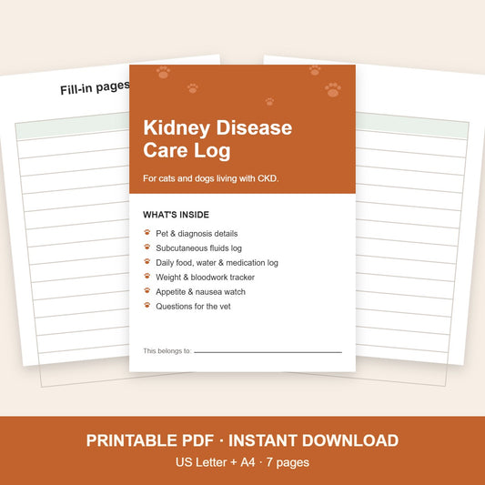Kidney disease care log printable for cats and dogs, 7 pages, US Letter and A4