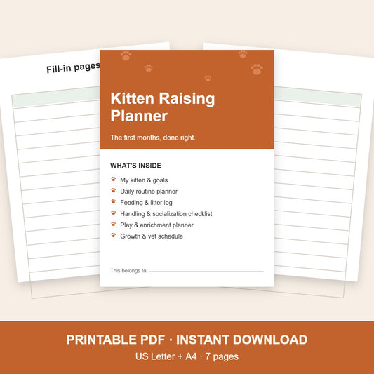 Kitten raising planner printable, 7 pages, US Letter and A4