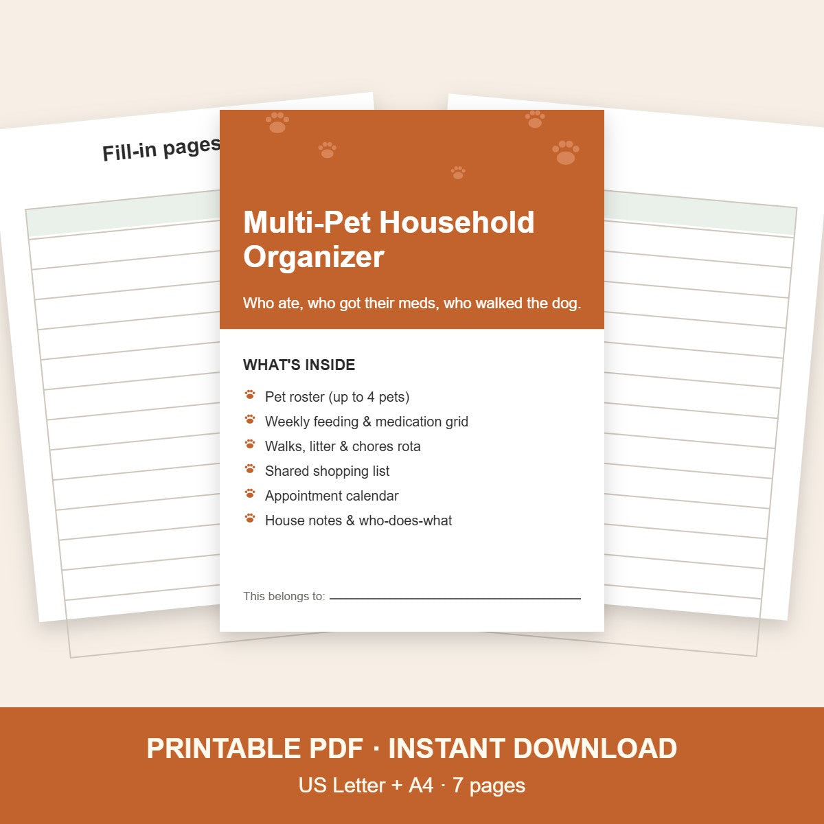 Multi-pet household organizer printable, 7 pages, US Letter and A4
