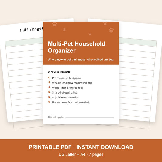 Multi-pet household organizer printable, 7 pages, US Letter and A4