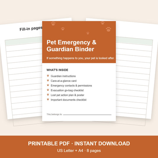 Pet emergency and guardian binder printable, 8 pages, US Letter and A4