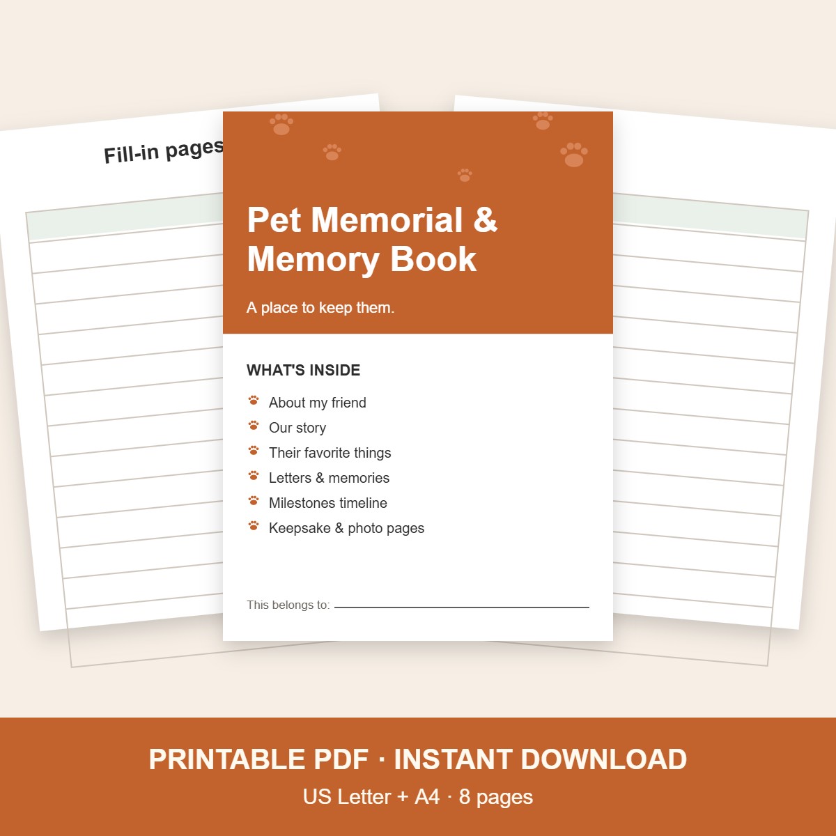 Pet memorial and memory book printable, 8 pages, US Letter and A4