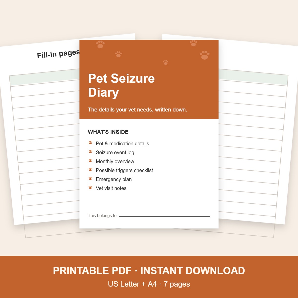 Pet seizure diary printable for dogs and cats, 7 pages, US Letter and A4