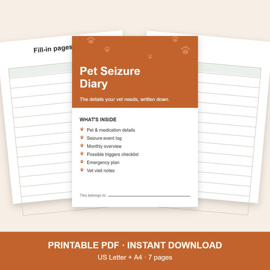 Pet seizure diary printable for dogs and cats, 7 pages, US Letter and A4