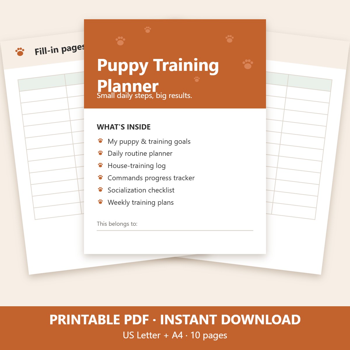 Printable puppy training planner, 10 pages, US Letter and A4