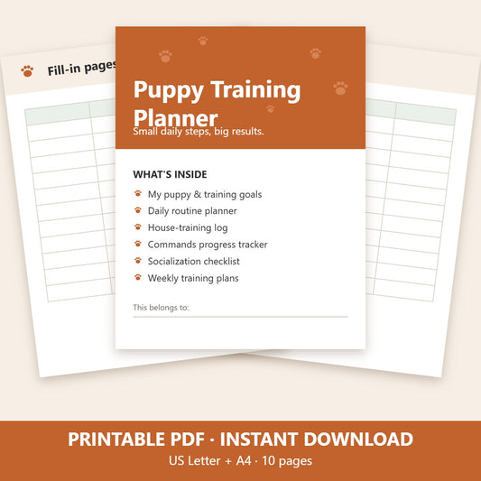 Printable puppy training planner, 10 pages, US Letter and A4