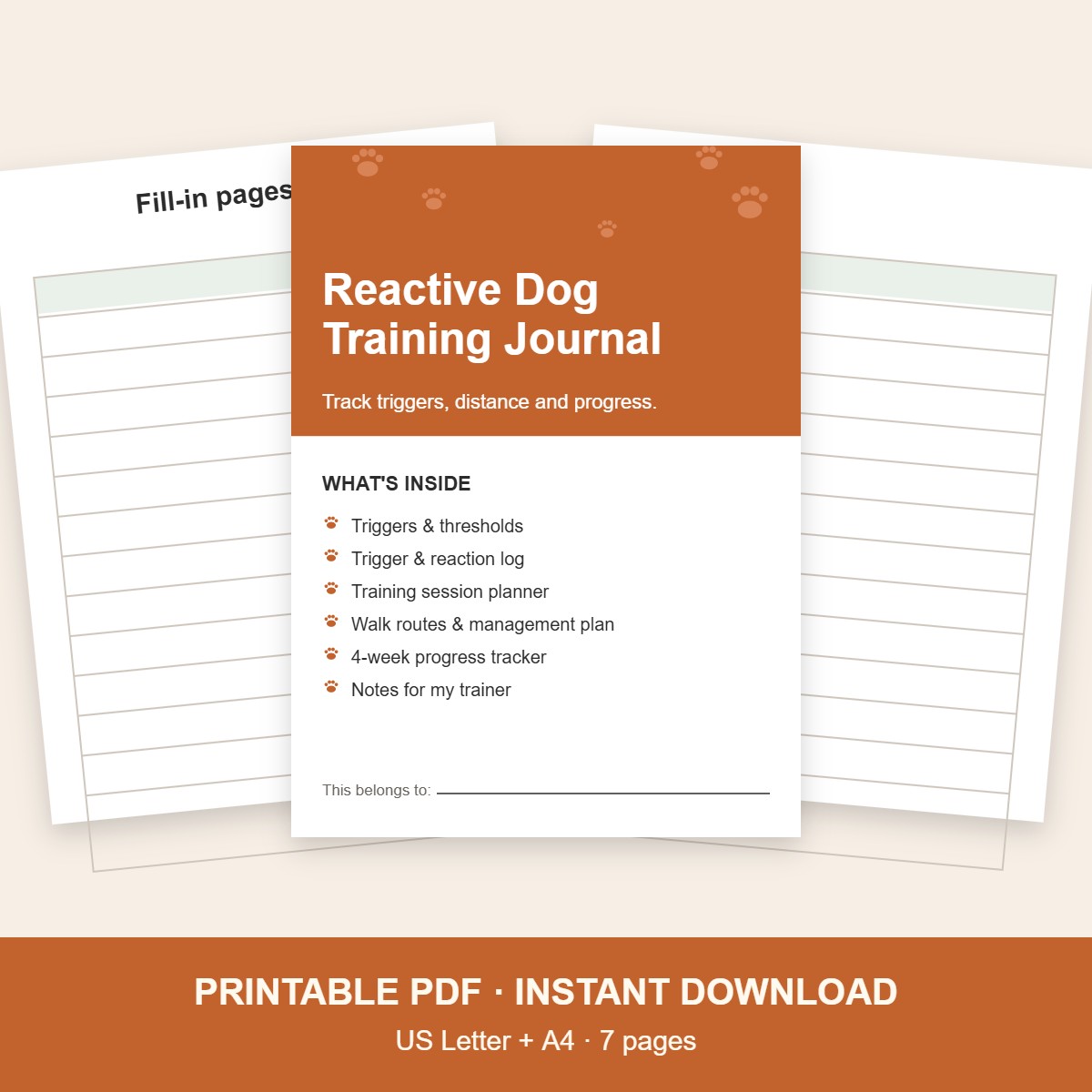 Reactive dog training journal printable, 7 pages, US Letter and A4