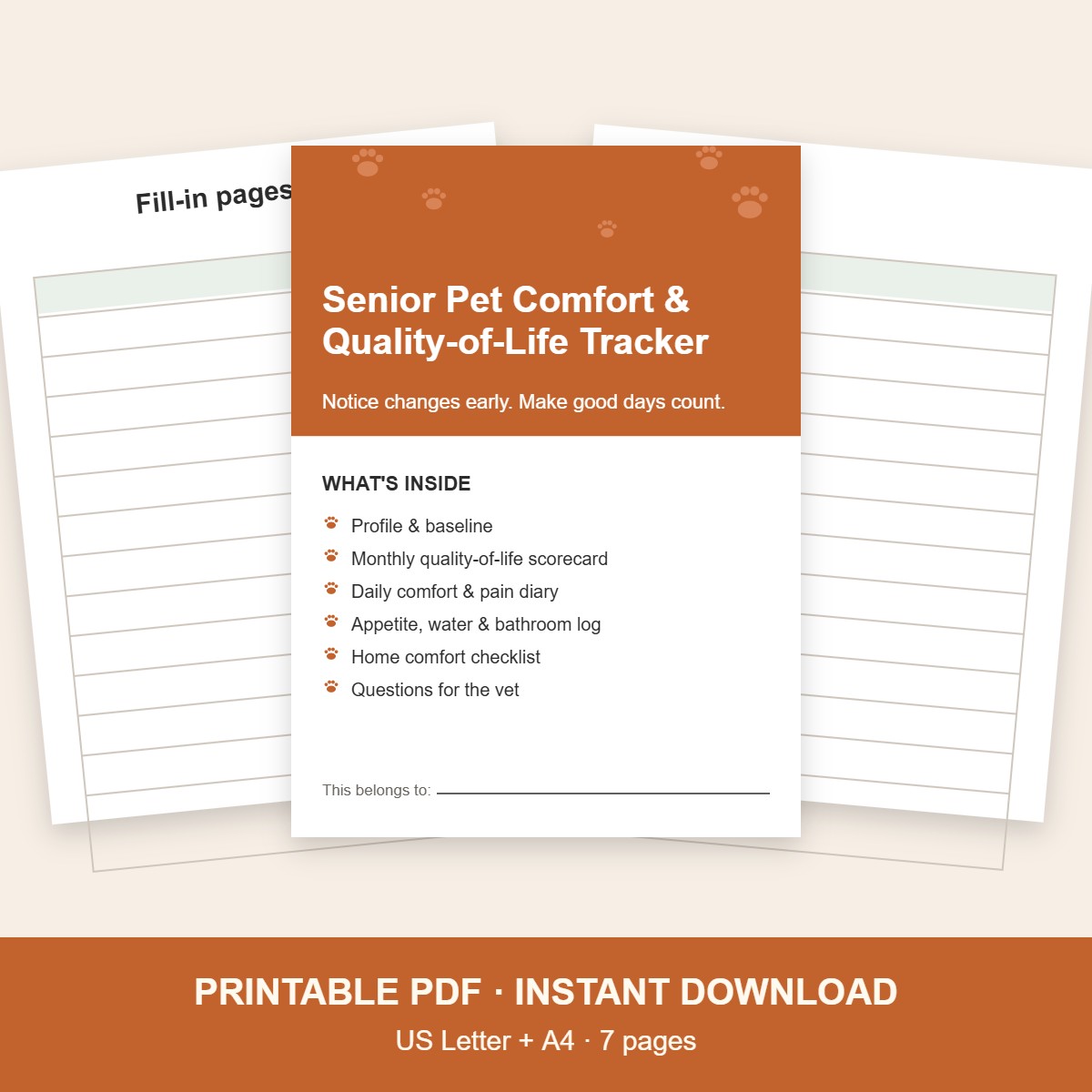 Senior pet comfort and quality-of-life tracker printable, 7 pages, US Letter and A4