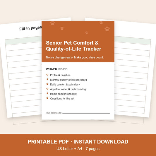 Senior pet comfort and quality-of-life tracker printable, 7 pages, US Letter and A4